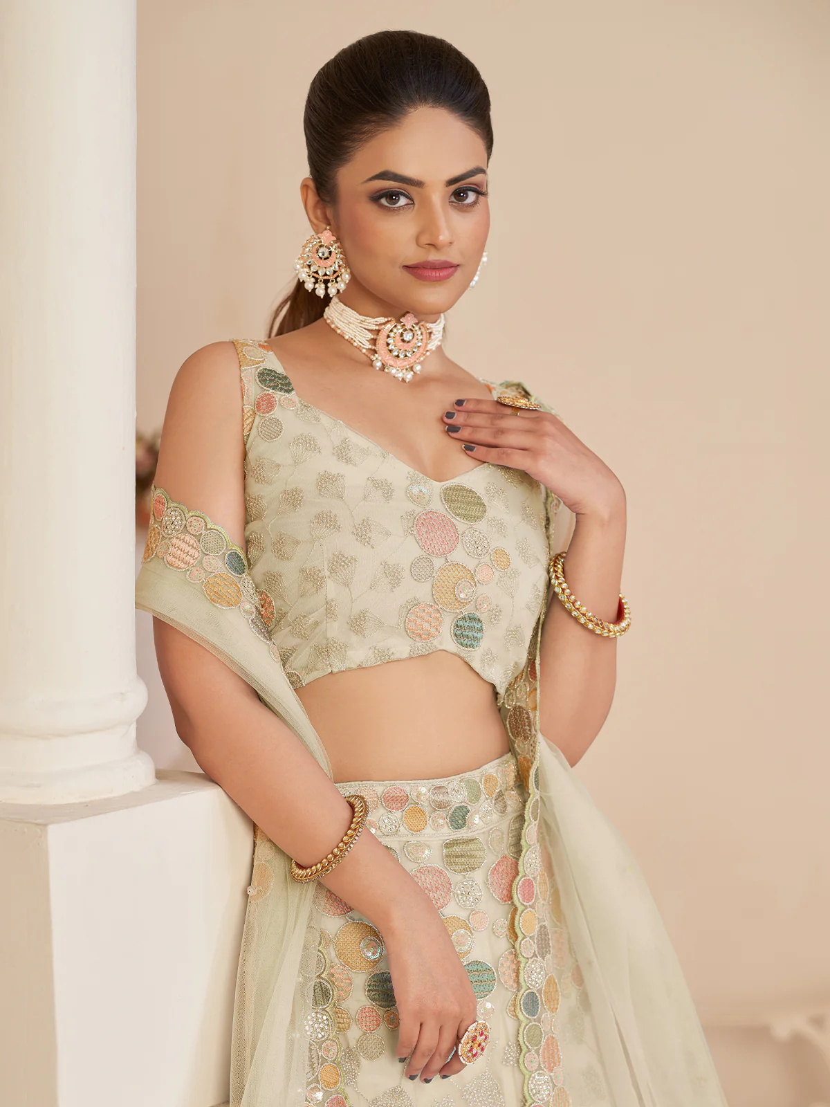 Odette White Net Embellished Semi Stitched Lehenga With Unstitched Blouse for Women - Image 4