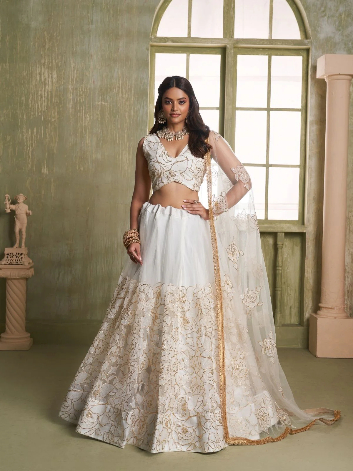 Odette White Net Embroidered Semi Stitched Lehenga For Women