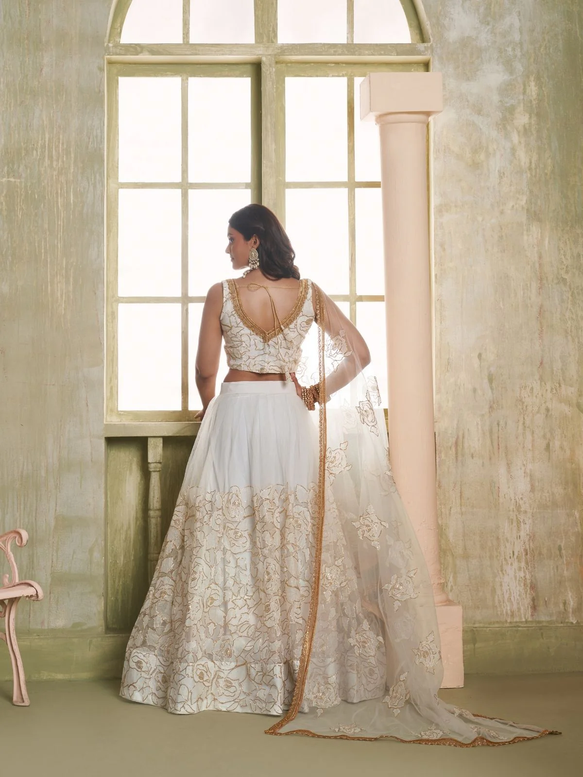 Odette White Net Embroidered Semi Stitched Lehenga For Women - Image 3