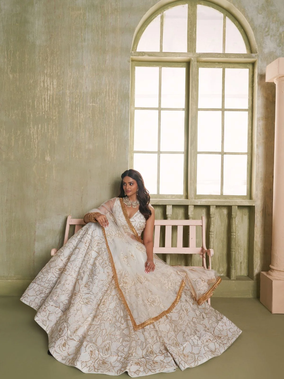 Odette White Net Embroidered Semi Stitched Lehenga For Women - Image 4