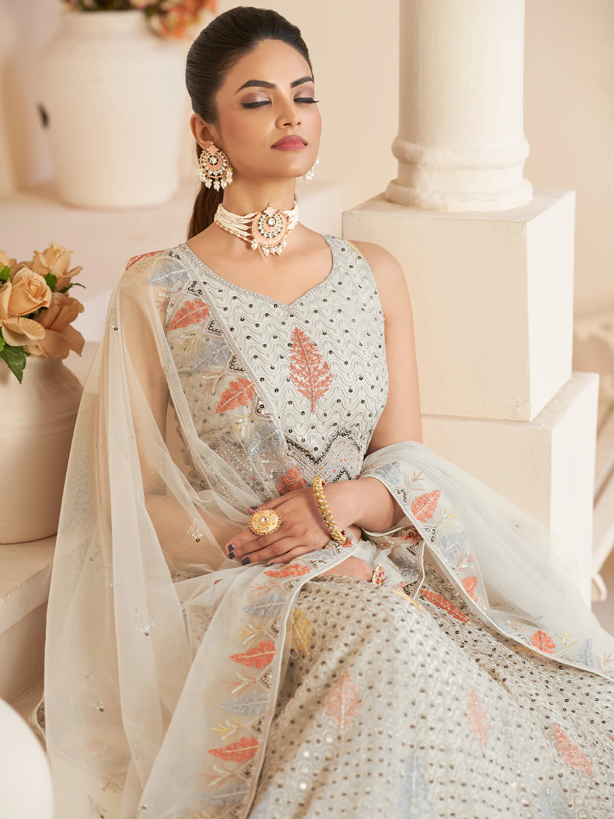 Odette White Georgette Embroidered Semi Stitched Lehenga With Unstitched Blouse for Women - Image 3