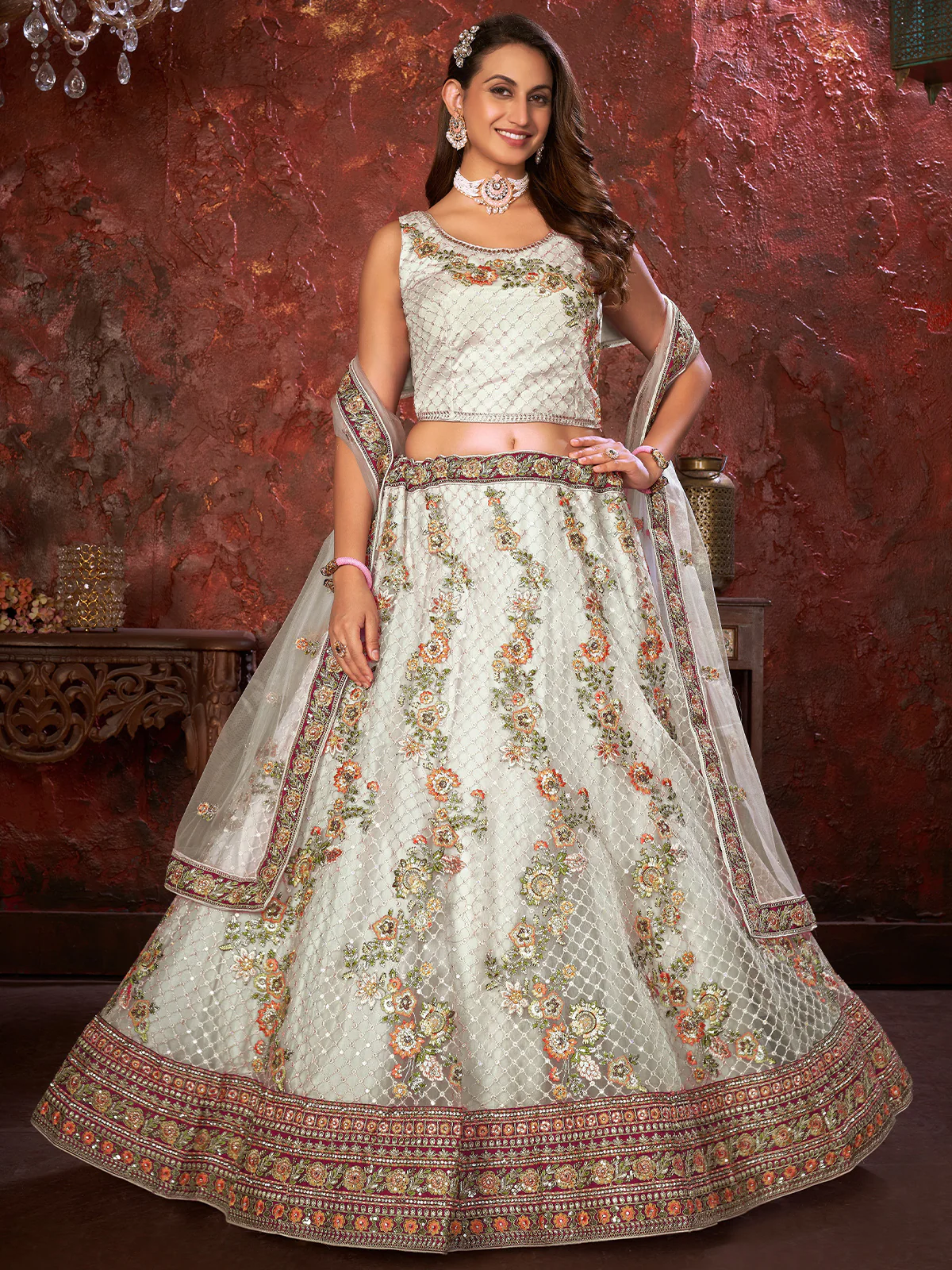 Odette White Net Embroidered Semi Stitched Lehenga With Unstitched Blouse for Women - Image 2