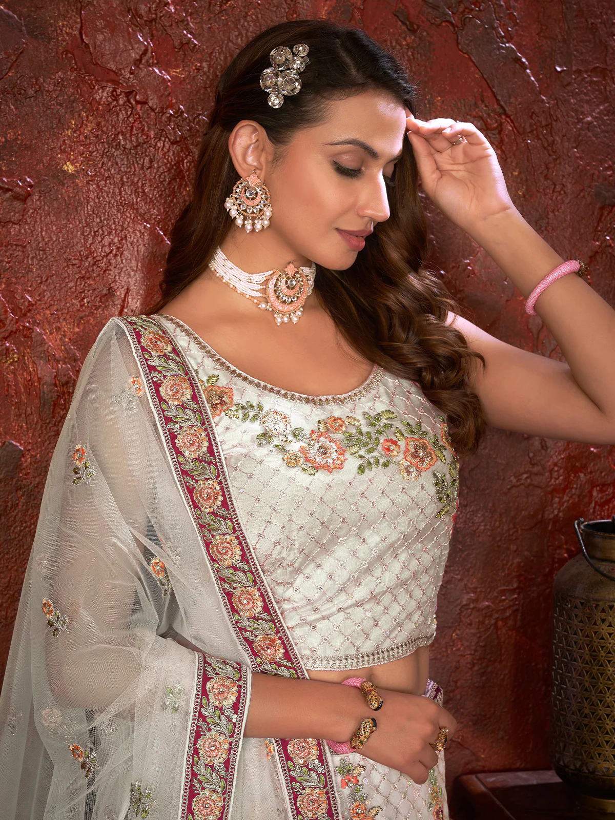 Odette White Net Embroidered Semi Stitched Lehenga With Unstitched Blouse for Women - Image 4