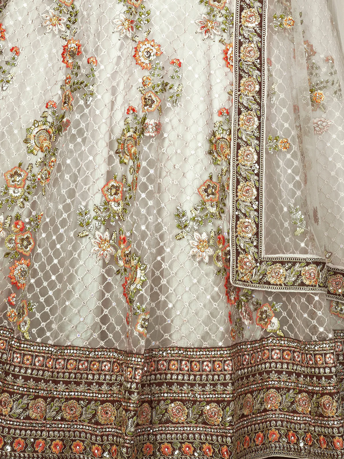 Odette White Net Embroidered Semi Stitched Lehenga With Unstitched Blouse for Women - Image 5