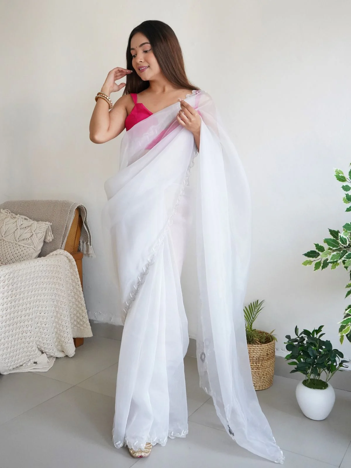 Odette White Organza Embroidered Saree With Unstitched Blouse For Women - Image 2