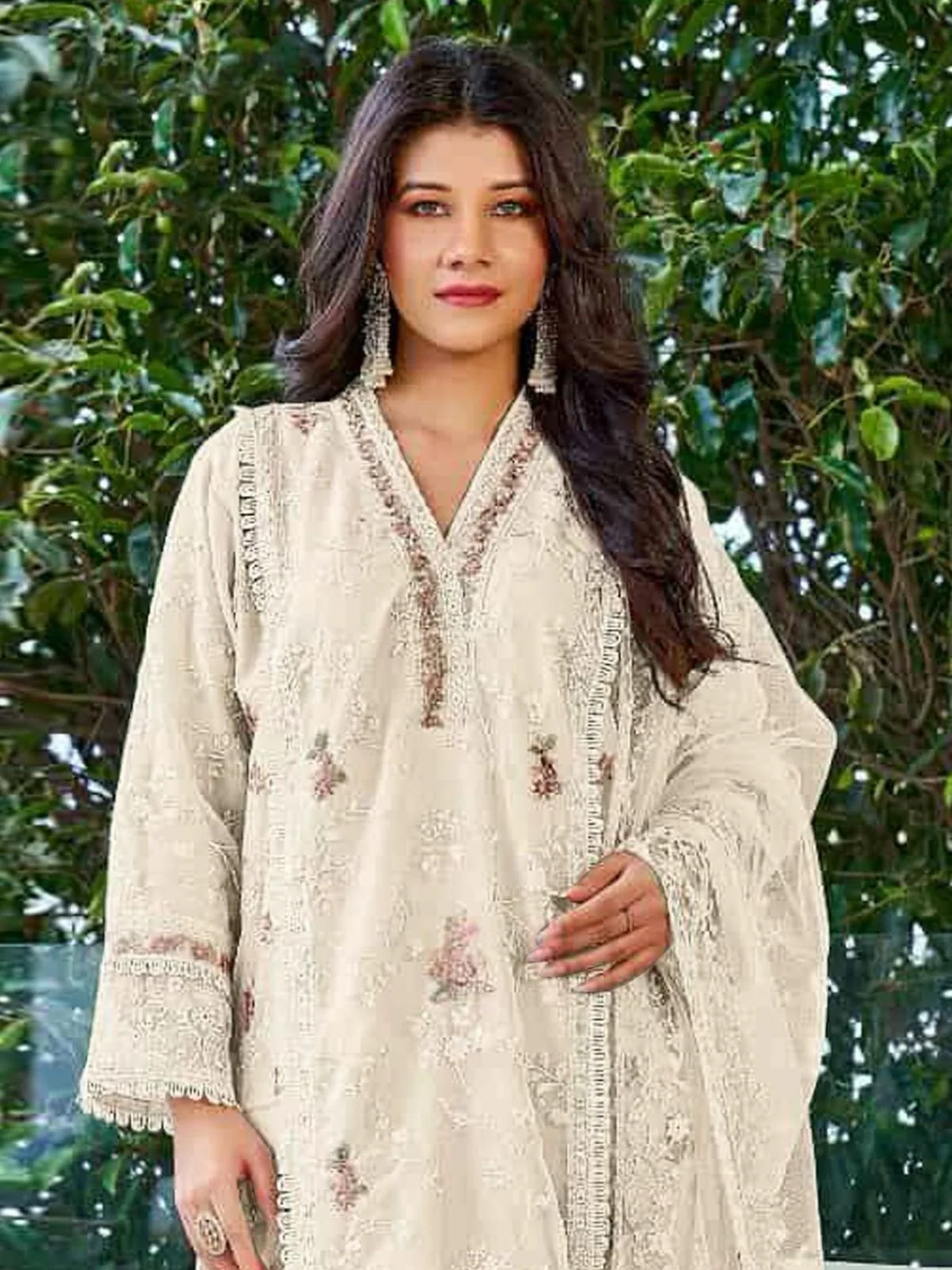 Odette White Organza Embroidered Semi Stitched Kurta Set For Women - Image 2