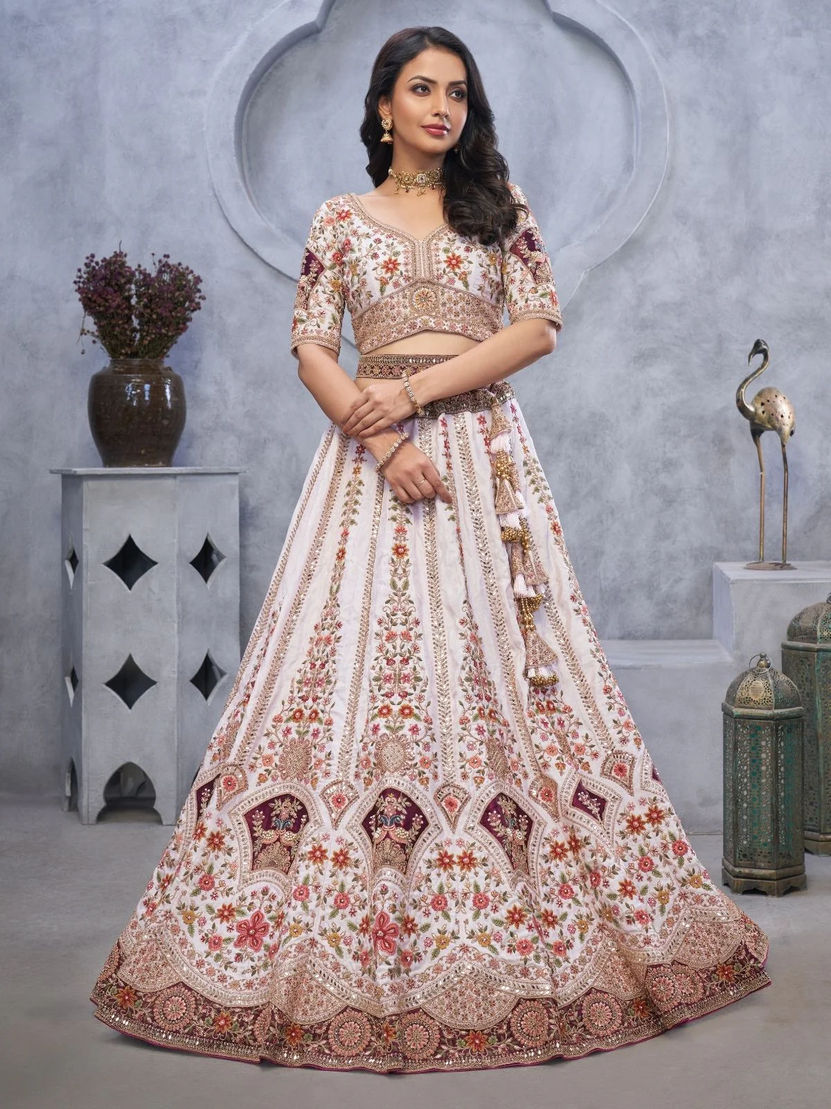 Odette White Organza  Embroidered Semi-Stitched Lehenga With Unstitched Blouse For Women - Image 2