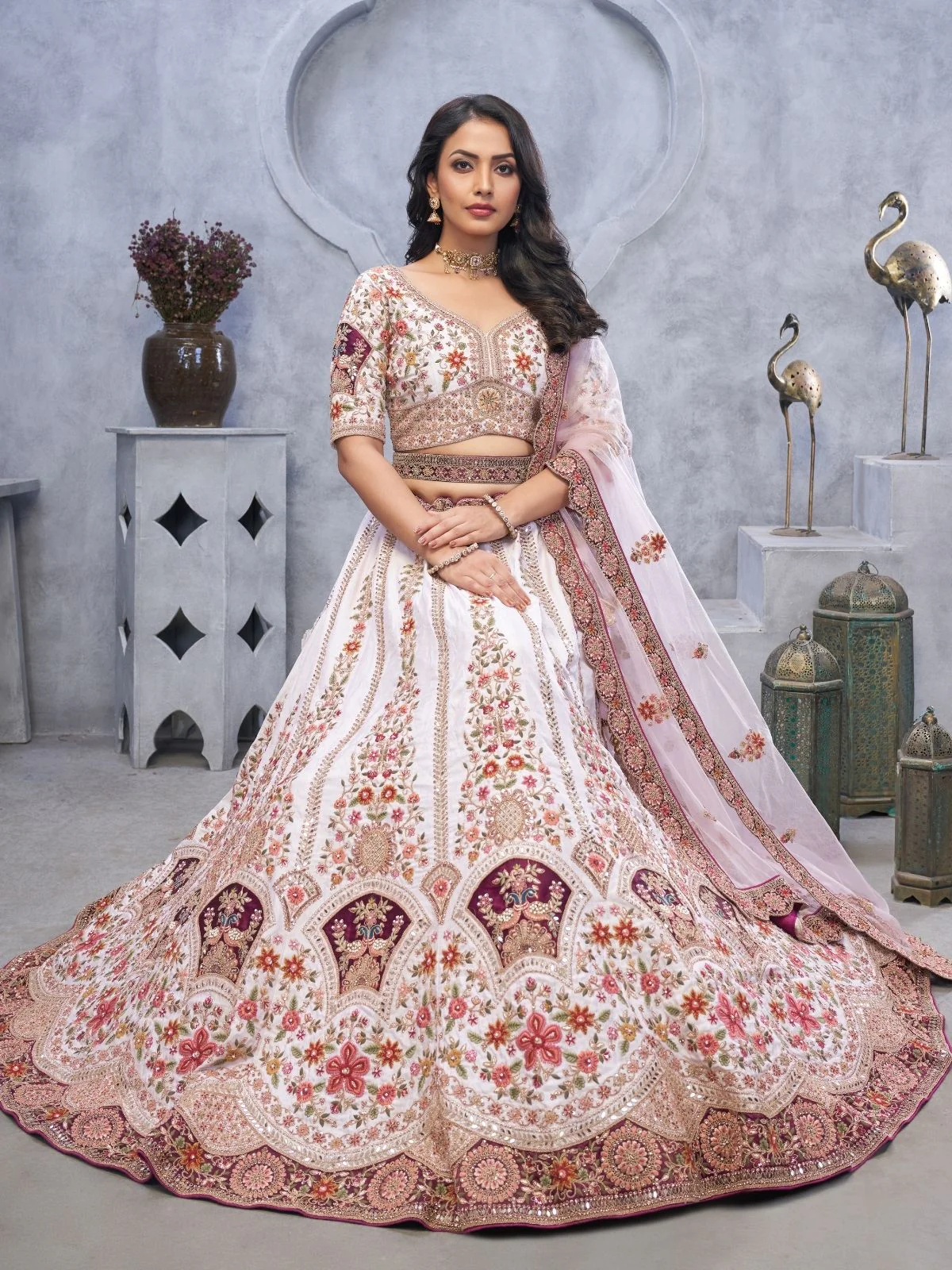 Odette White Organza  Embroidered Semi-Stitched Lehenga With Unstitched Blouse For Women - Image 4