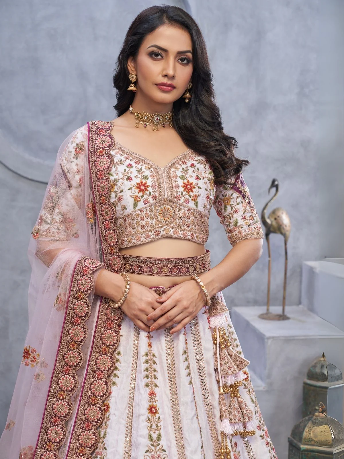 Odette White Organza  Embroidered Semi-Stitched Lehenga With Unstitched Blouse For Women - Image 5
