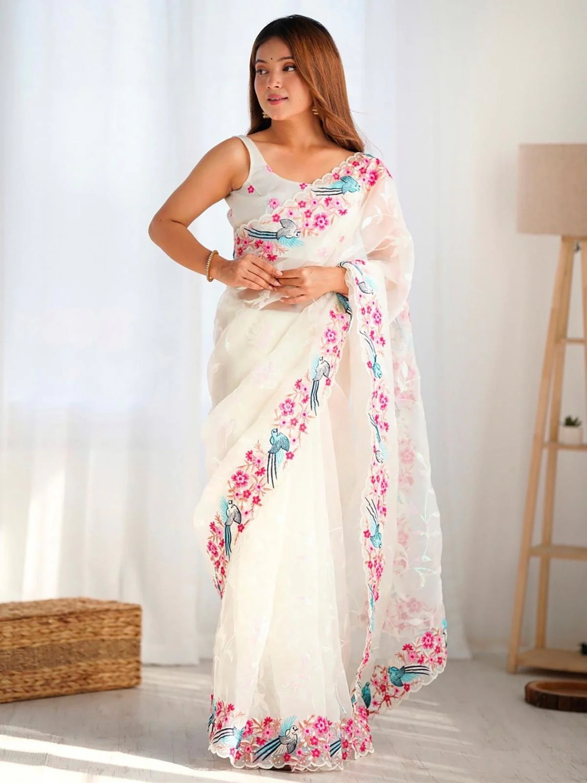 Odette White Organza Embroidered Solid Saree For Women