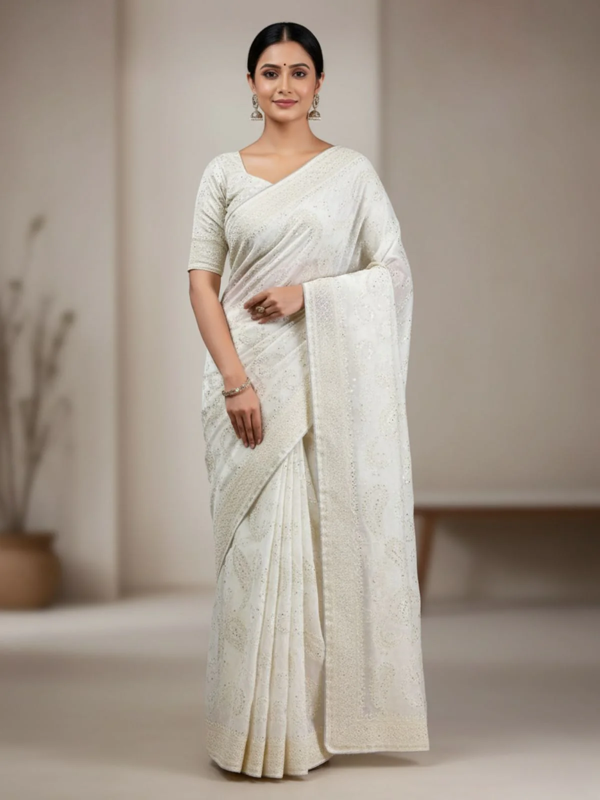 Odette White Organza Embroidered Solid Saree For Women