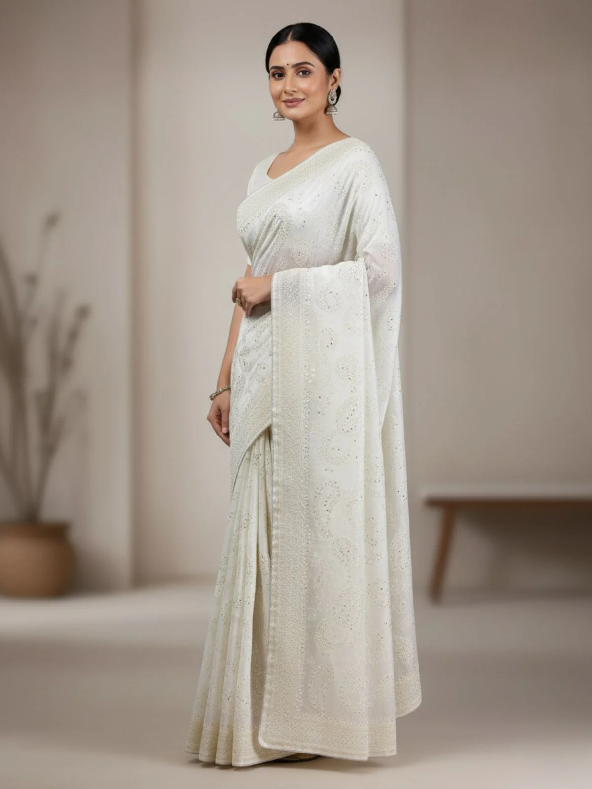 Odette White Organza Embroidered Solid Saree For Women - Image 3