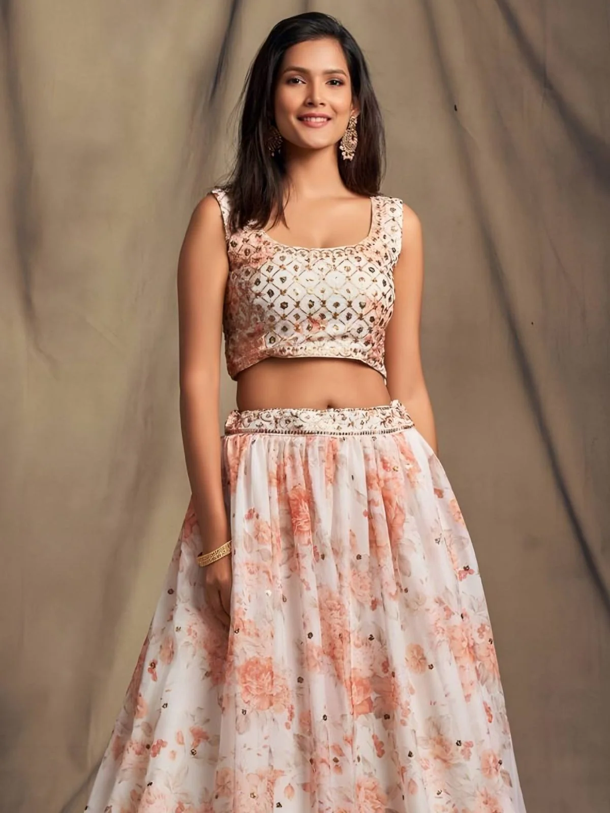 Odette White Organza Printed And Embriodered Semi-Stitched Lehenga For Women - Image 3