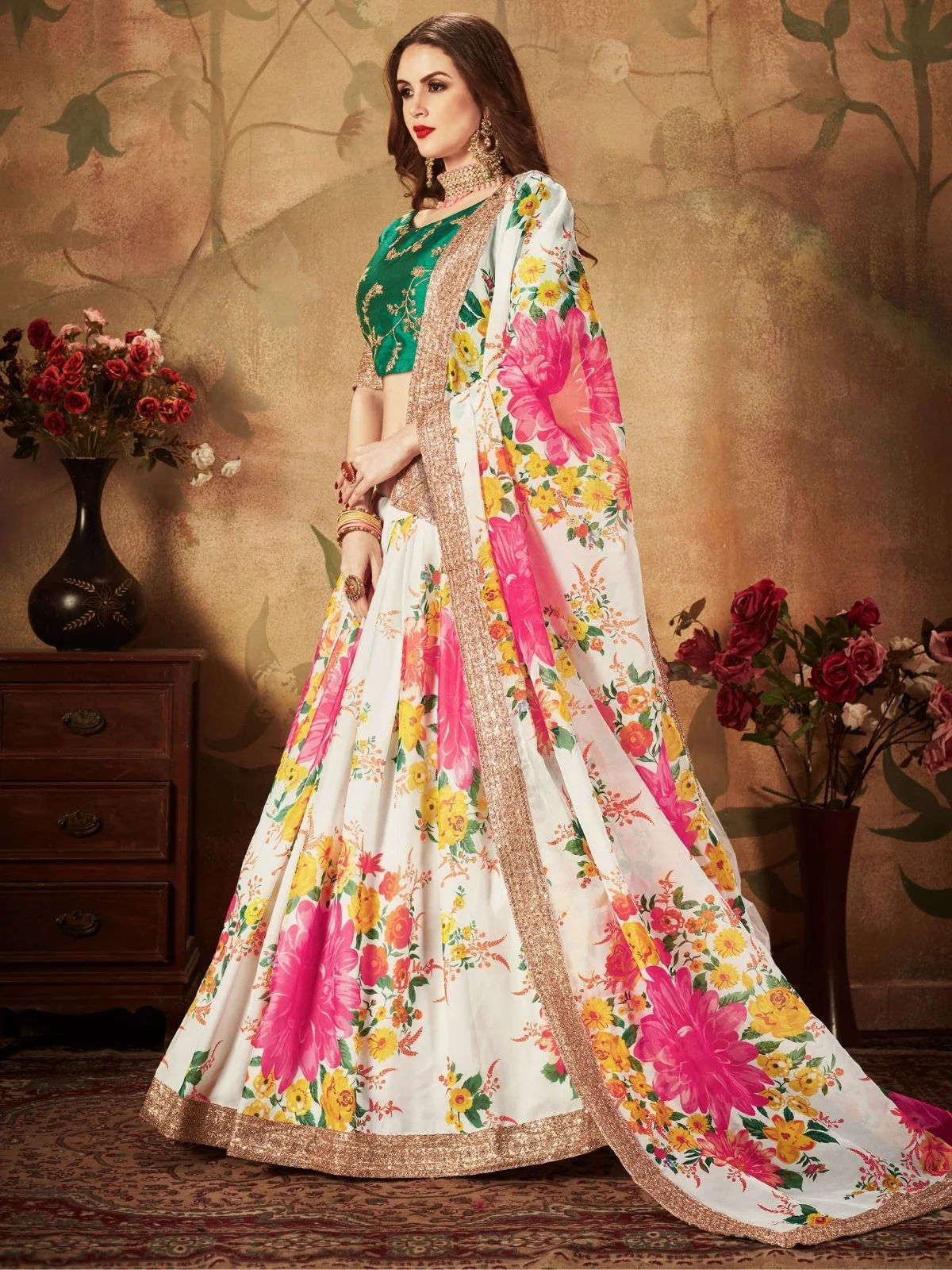 Odette White Organza Printed Semi Stitched Lehenga With Unstitched Blouse For Women - Image 2
