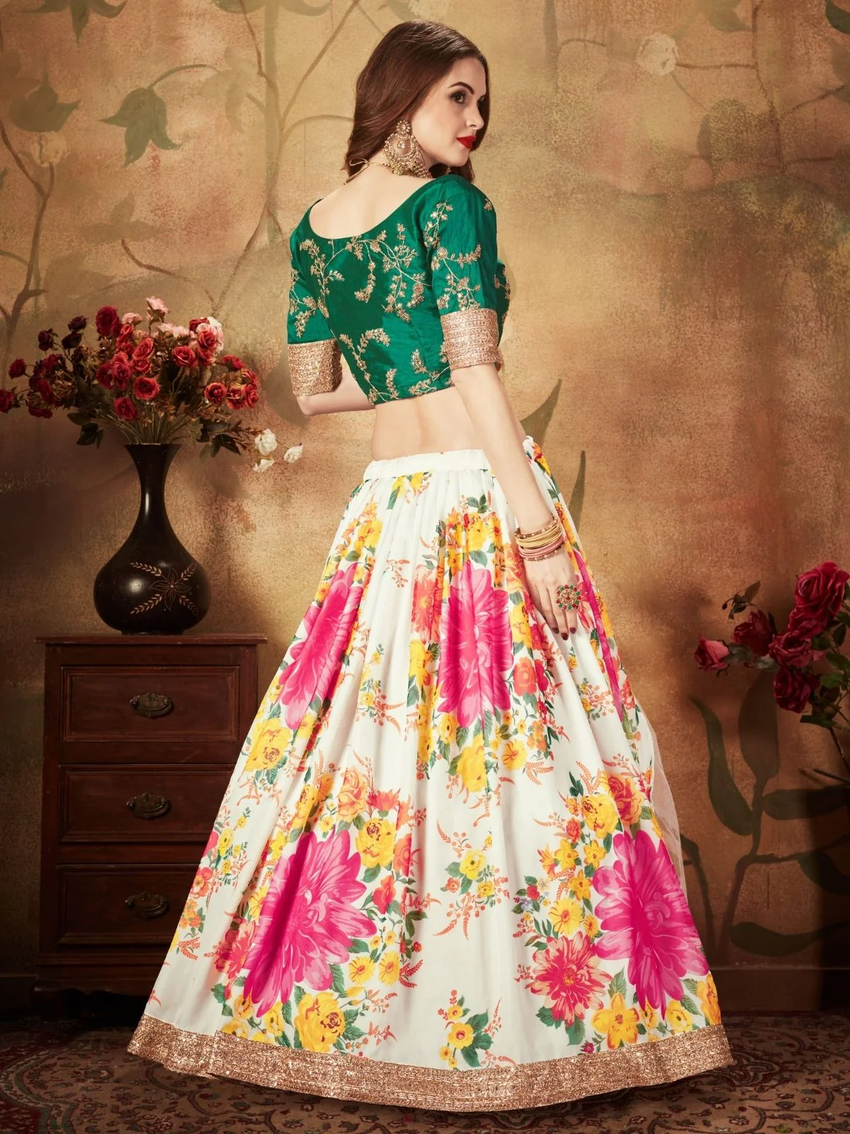 Odette White Organza Printed Semi Stitched Lehenga With Unstitched Blouse For Women - Image 3
