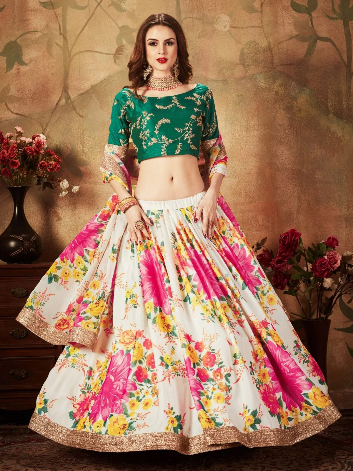 Odette White Organza Printed Semi Stitched Lehenga With Unstitched Blouse For Women - Image 4
