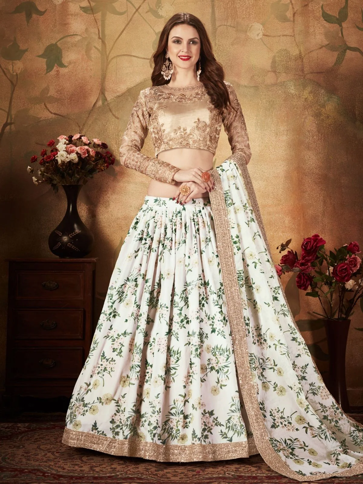 Odette White Organza Printed Semi Stitched Lehenga With Unstitched Blouse For Women