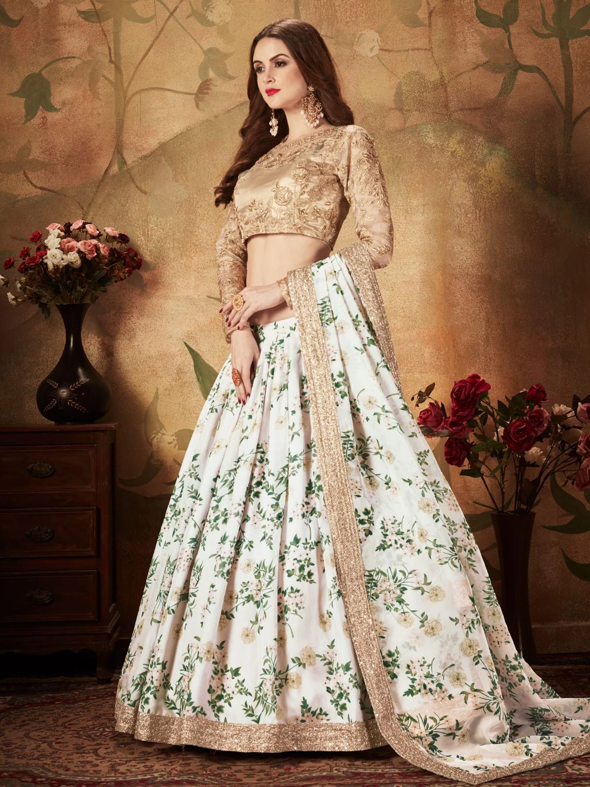 Odette White Organza Printed Semi Stitched Lehenga With Unstitched Blouse For Women - Image 3