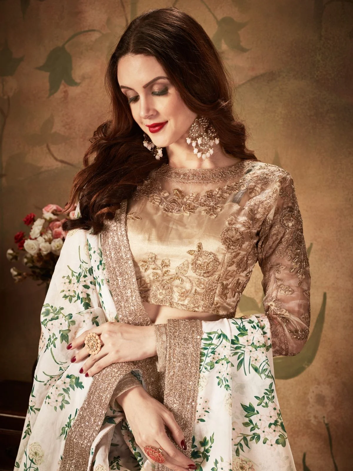 Odette White Organza Printed Semi Stitched Lehenga With Unstitched Blouse For Women - Image 5