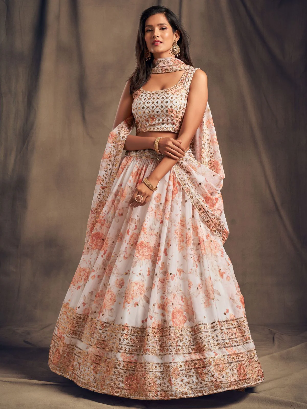 Odette White Organza Printed Semi Stitched Lehenga With Unstitched Blouse For Women - Image 2