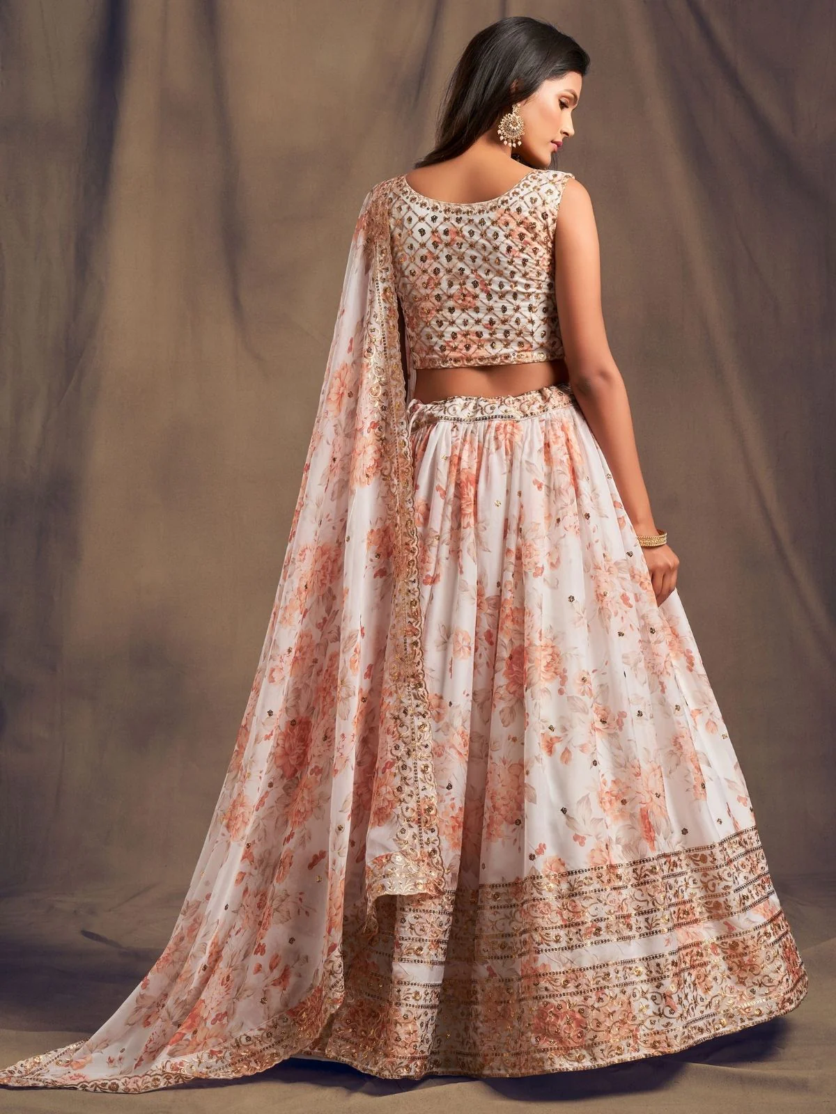 Odette White Organza Printed Semi Stitched Lehenga With Unstitched Blouse For Women - Image 4