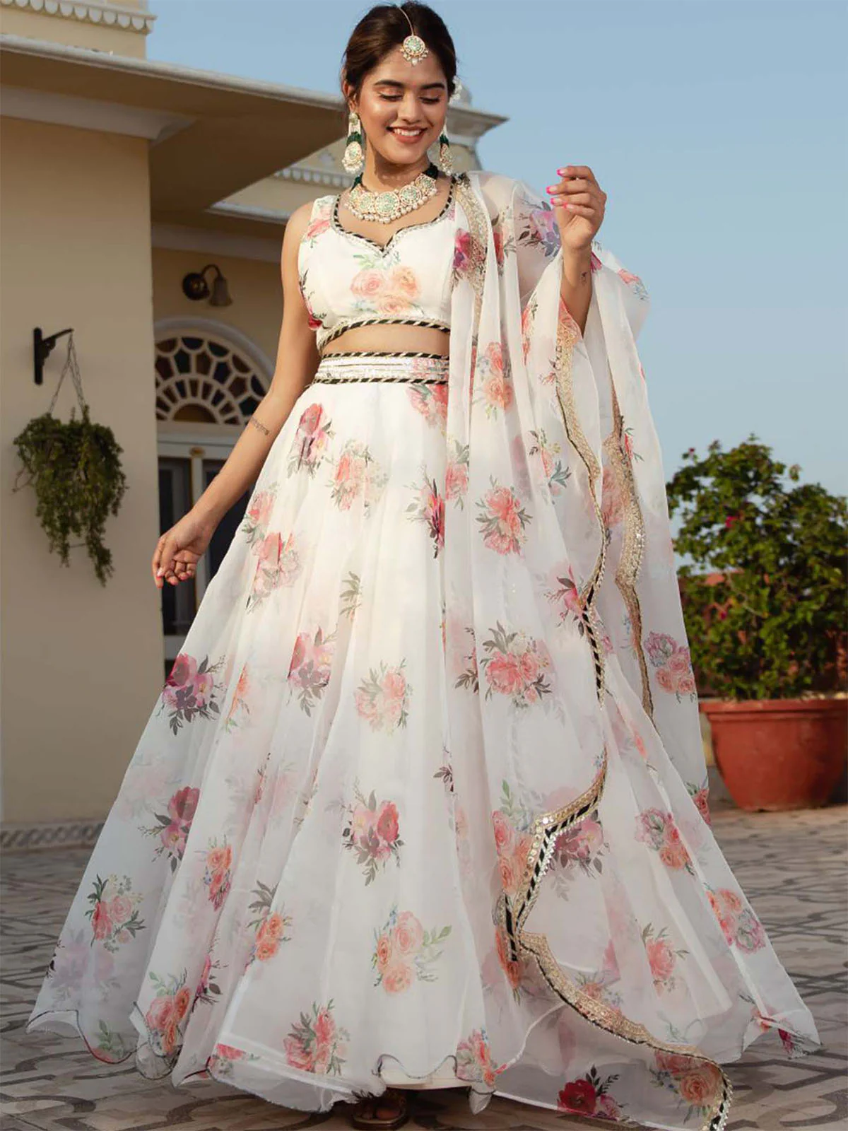 Odette White Organza Printed Semi Stitched Lehenga With Unstitched Blouse For Women - Image 4
