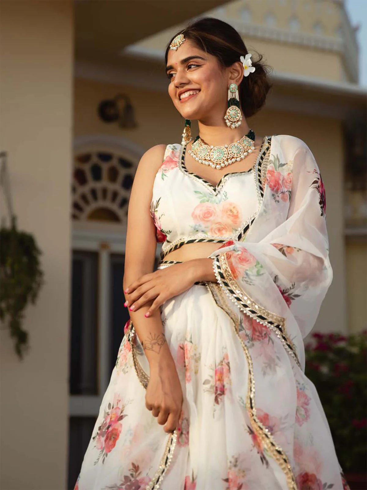Odette White Organza Printed Semi Stitched Lehenga With Unstitched Blouse For Women - Image 6