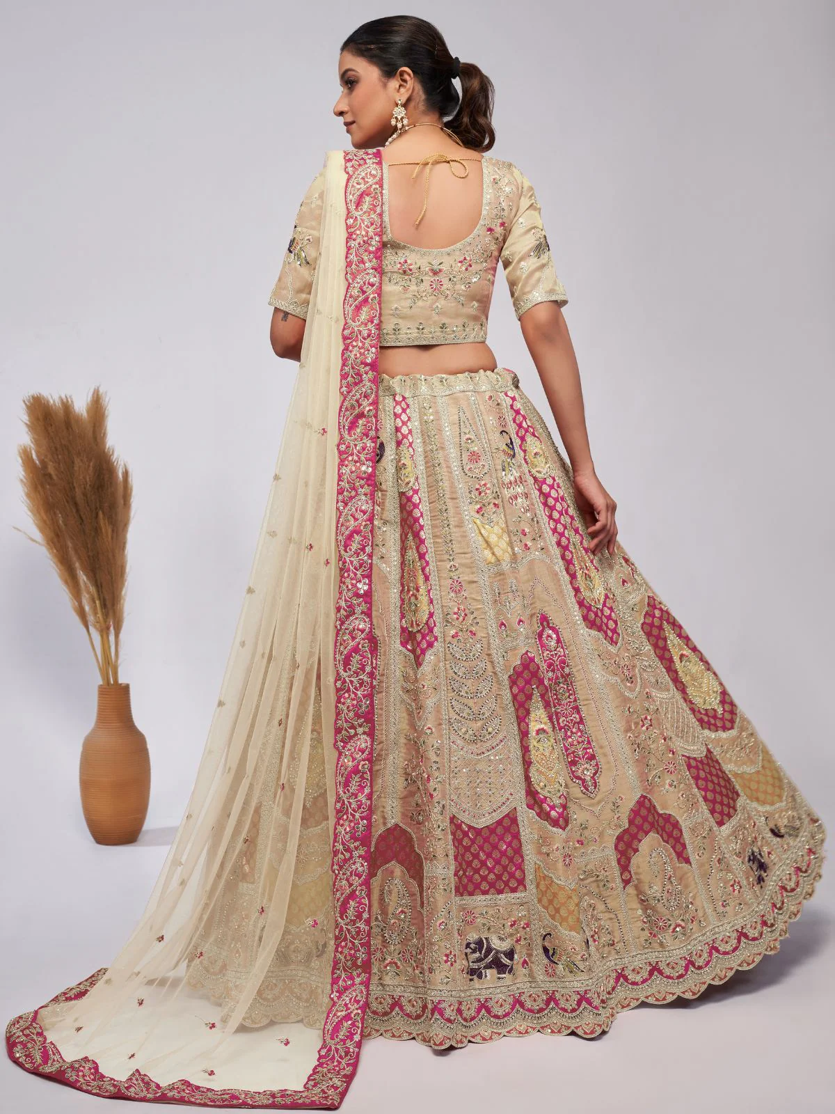 Odette Beige Organza Silk Embroidered Semi Stitched Lehenga With Unstitched Blouse For Women - Image 4