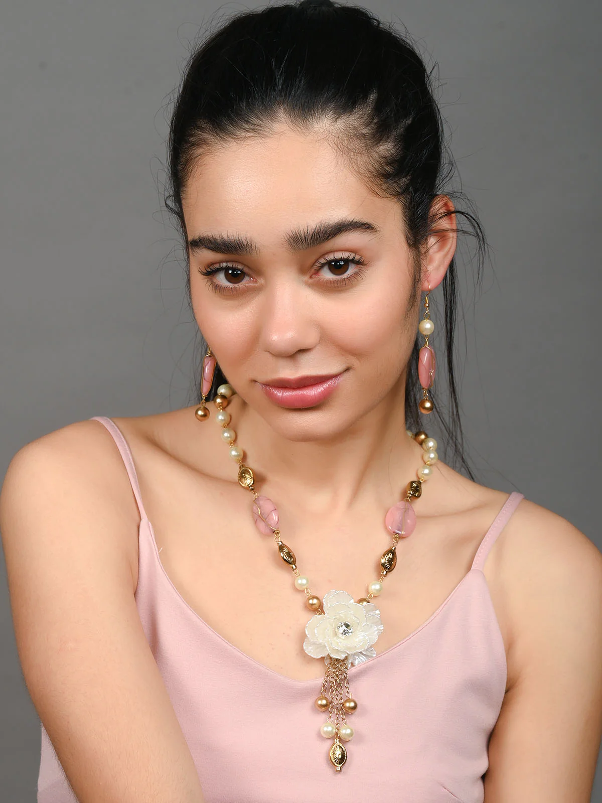 Odette White & Pink Alloy Embellished Jewellery Set For Women