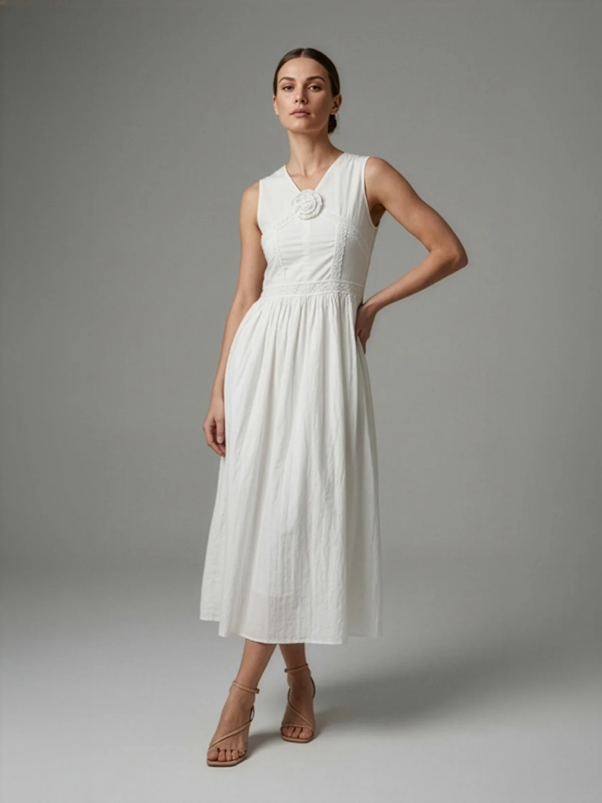 Odette White Poly Cotton Floral Applique Dresses For Women