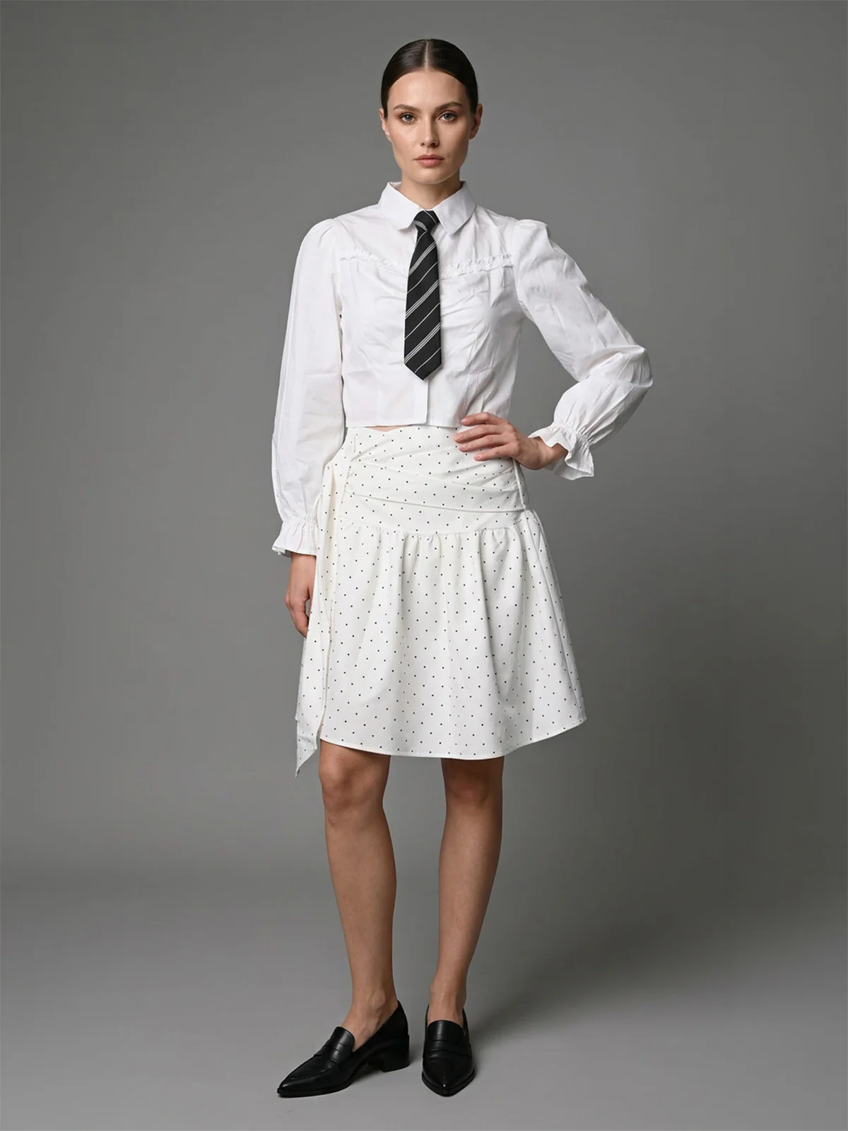 Odette White Poly Cotton Polka Dots Skirt For Women