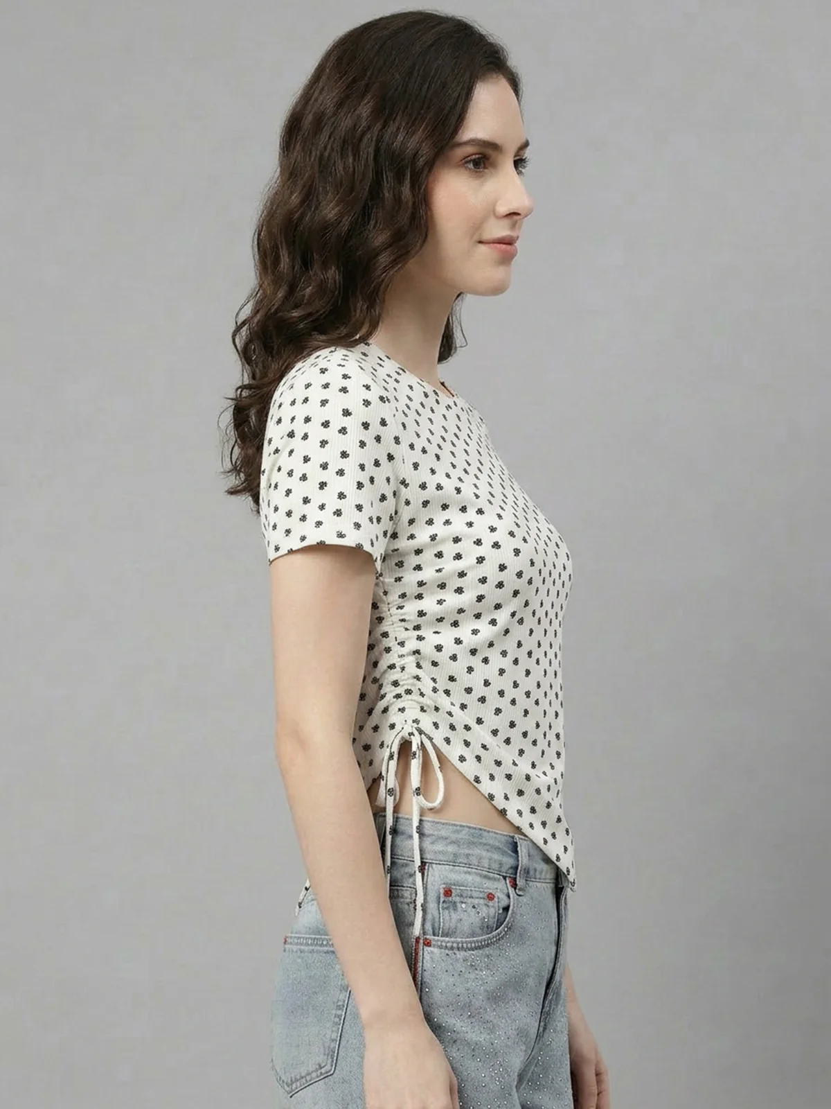 Odette White Poly Cotton Printed Top For Women - Image 2