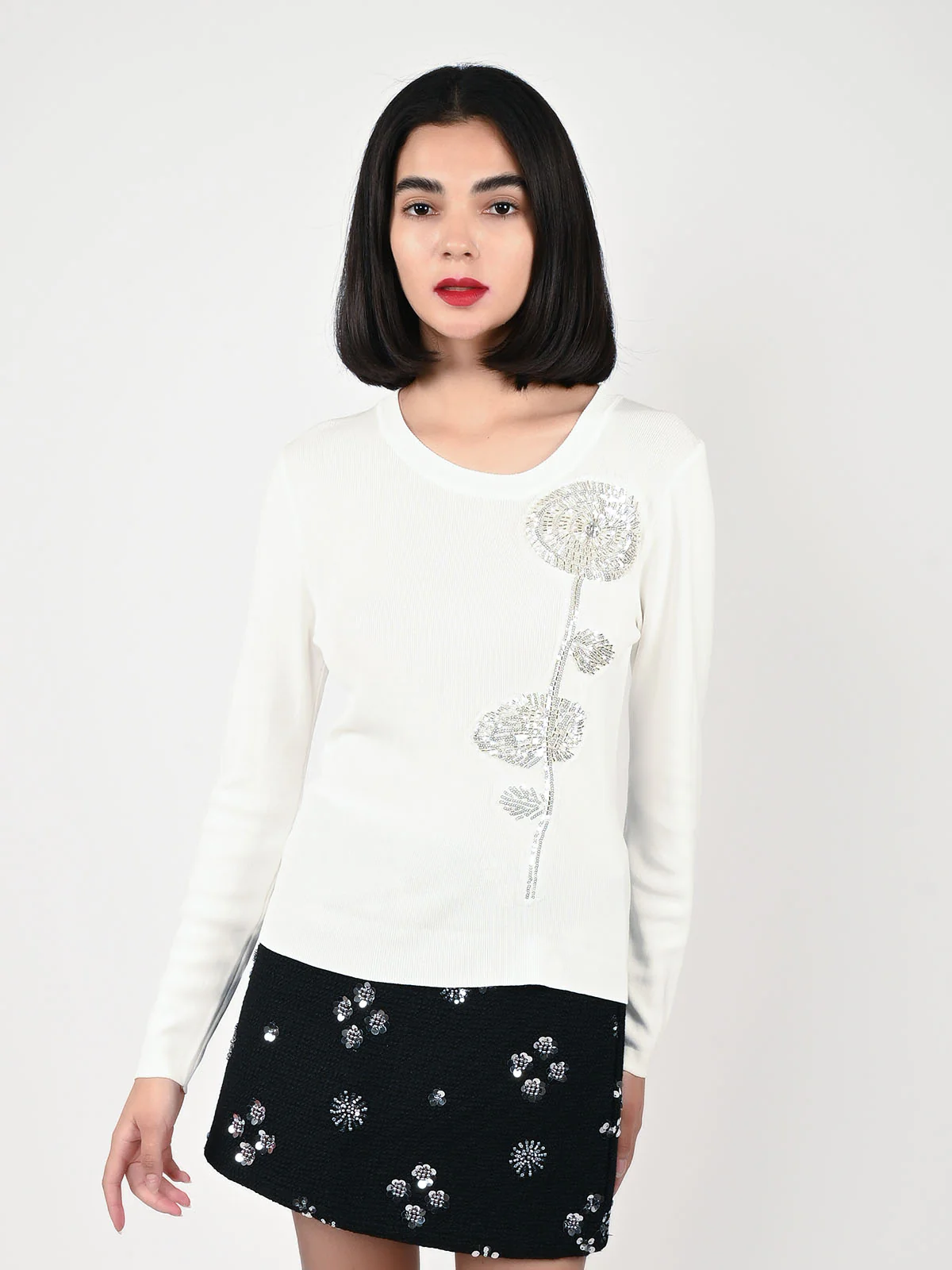 Odette White Polyester Lycra Embellished Top For Women