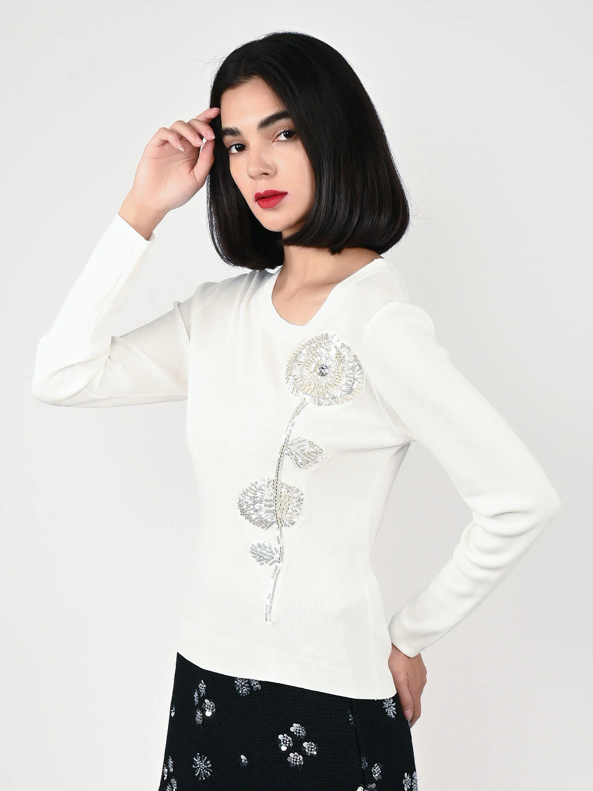 Odette White Polyester Lycra Embellished Top For Women - Image 3