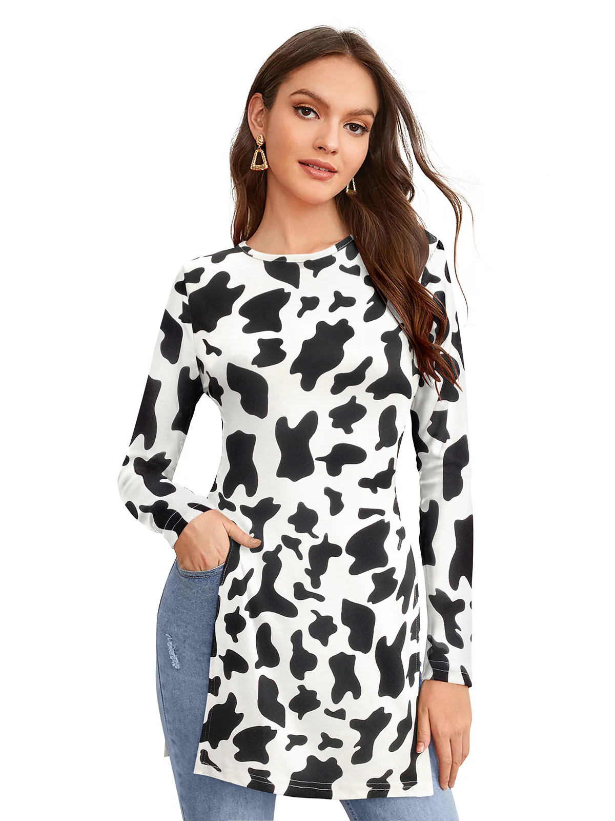 Odette White Polyester Printed Long Top For Women