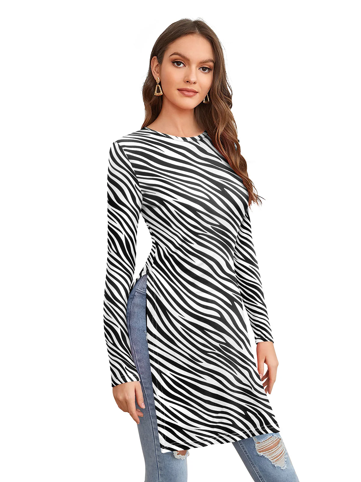 Odette White and Black Polyester Printed Long Top For Women - Image 2