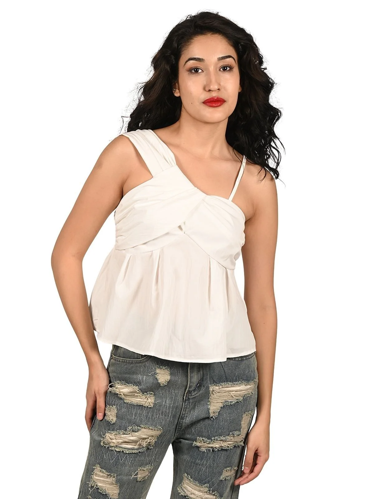 Odette White Poplin Shoulder Cross Over Top For Women