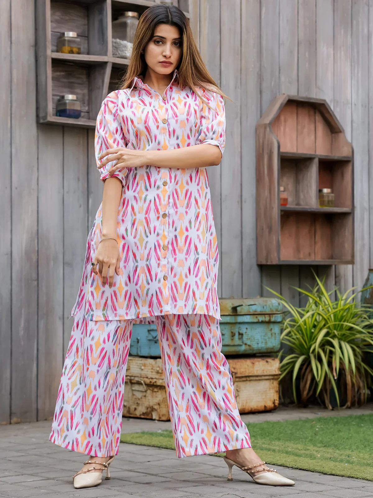 Odette White and Pink Cotton Printed Co Ord Set for Women
