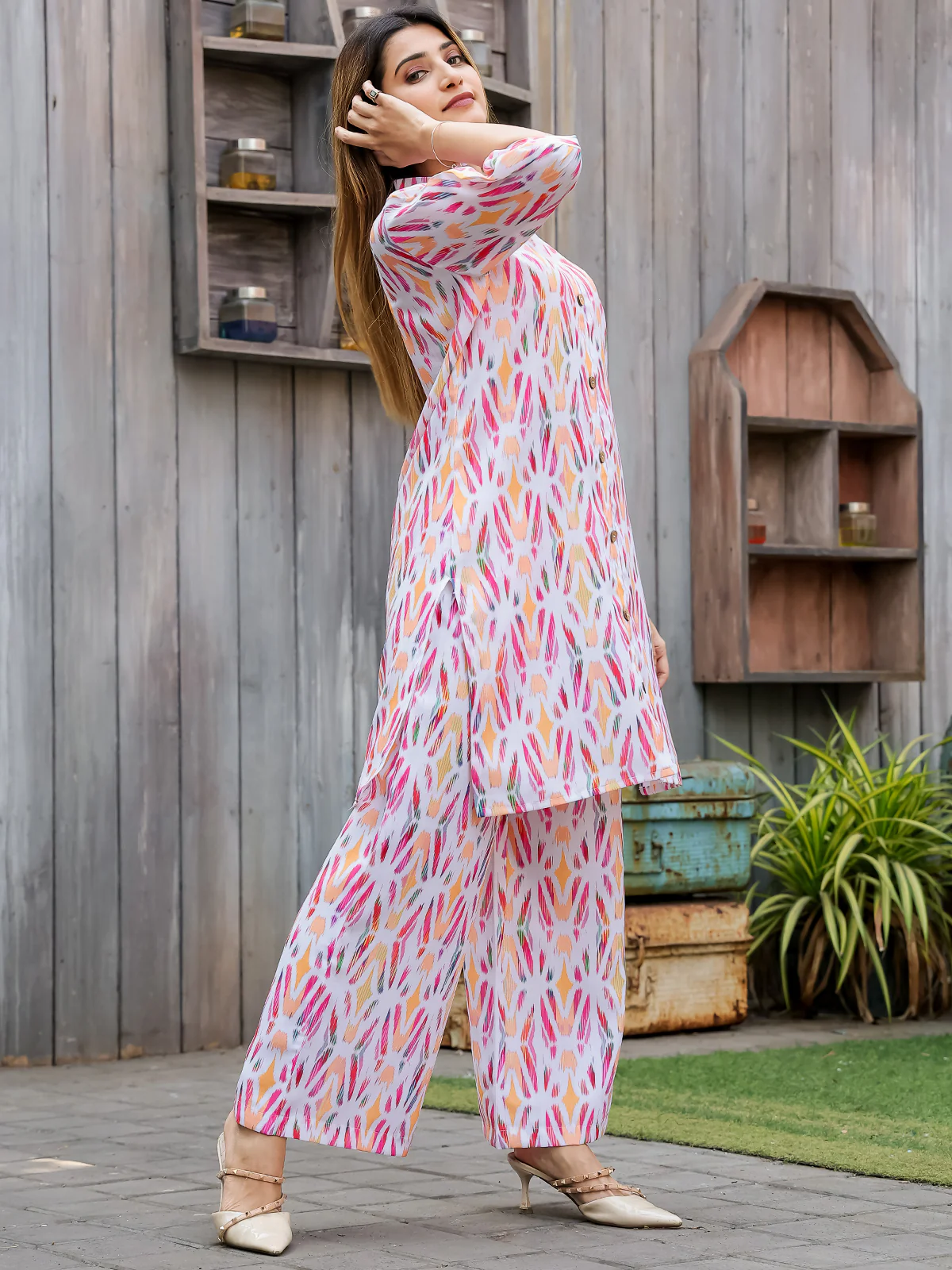 Odette White and Pink Cotton Printed Co Ord Set for Women - Image 3