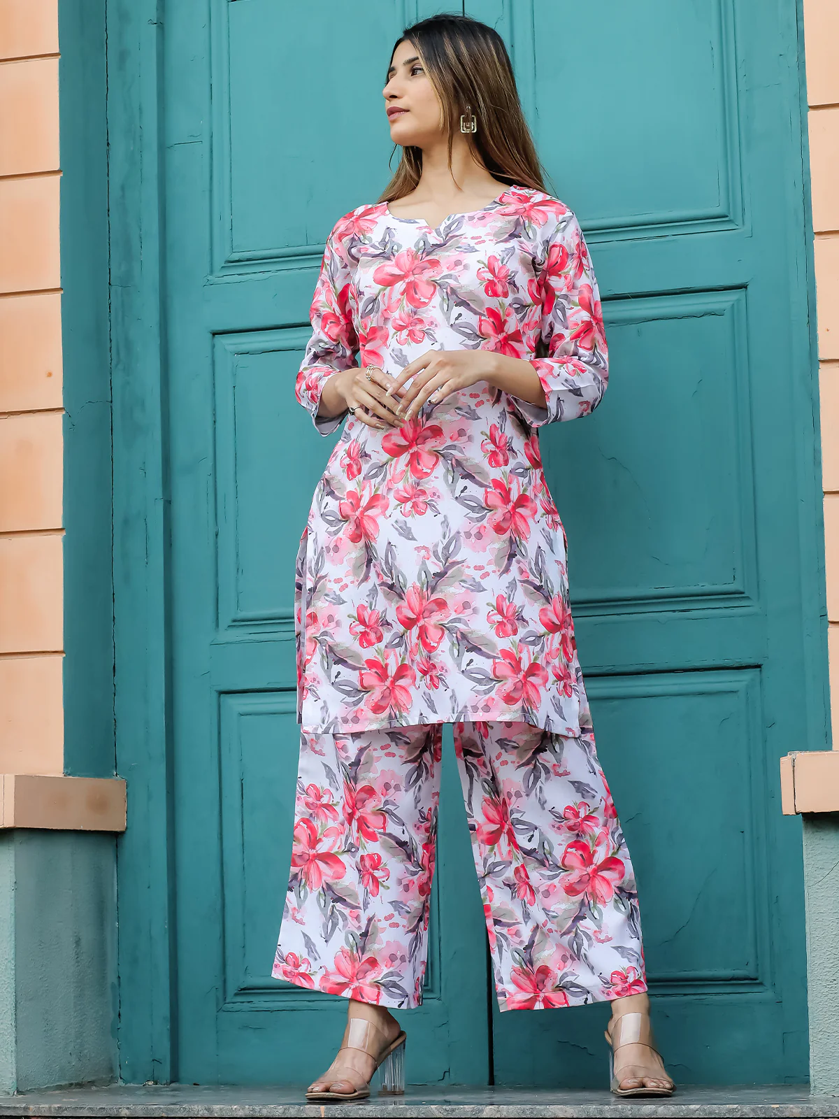 Odette White and Pink Cotton Printed Co Ord Set for Women