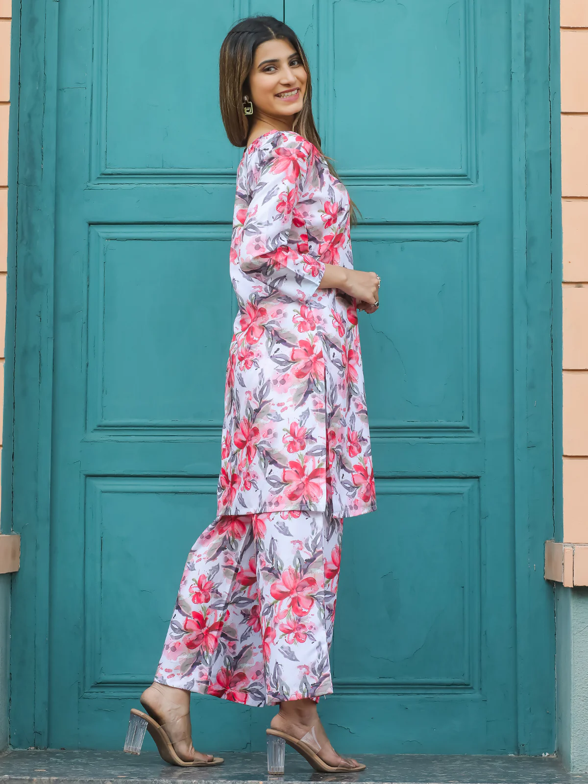 Odette White and Pink Cotton Printed Co Ord Set for Women - Image 2