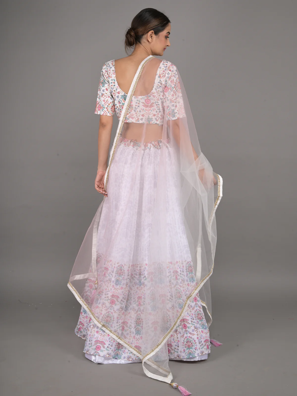Odette White Printed Pleated Georgette Stitched Lehenga Set For Women - Image 3