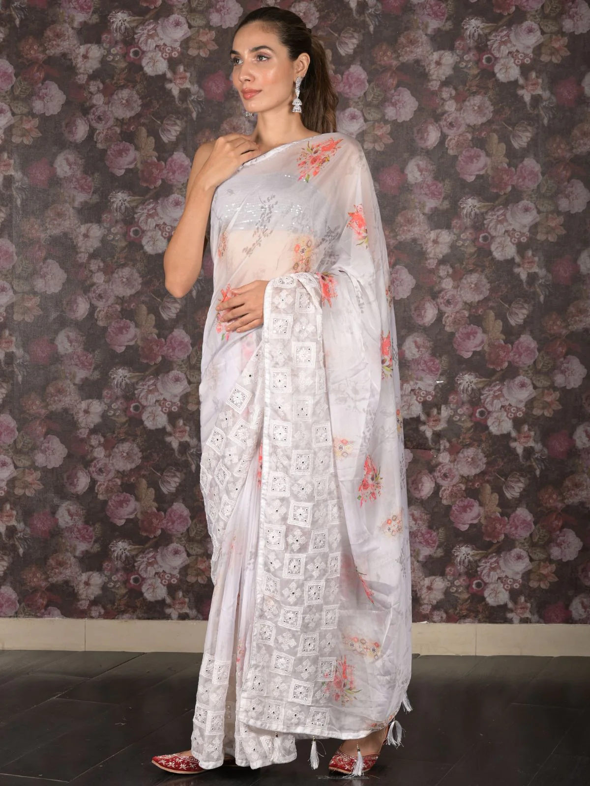 Odette White Printed Polyester Saree Without Blouse For Women