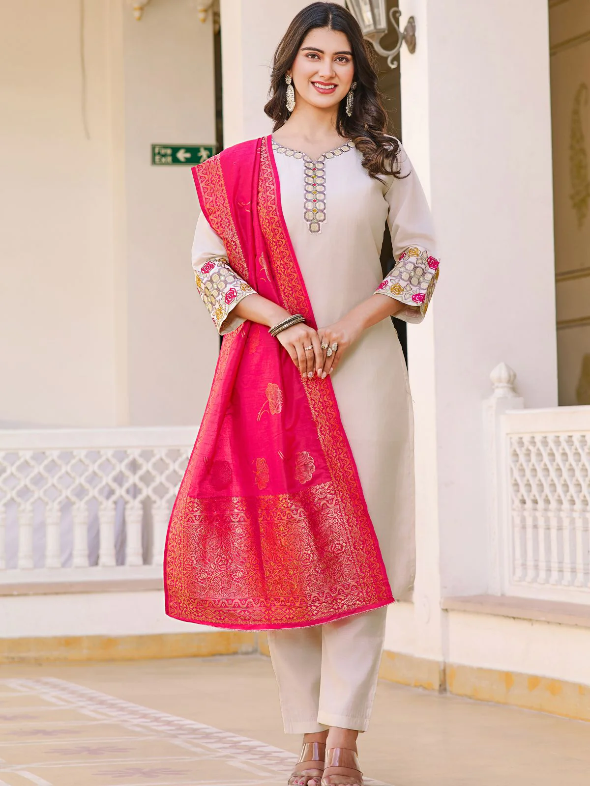 Odette White Rayon Embroidered Stitched Kurta Set For Women - Image 2