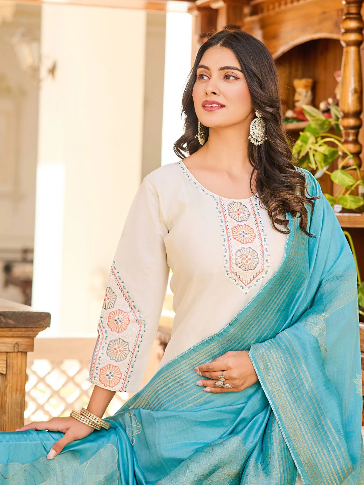 Odette White Rayon Embroidered Stitched Kurta Set For Women - Image 3