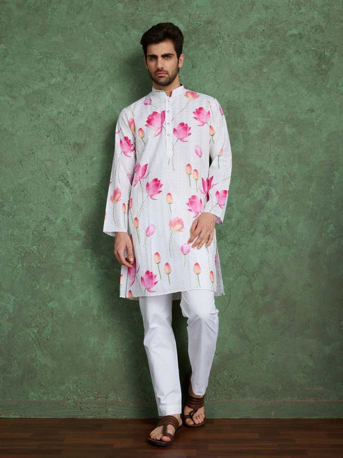 Odette White Rayon Printed and Embroidered Stitched Kurta For Men