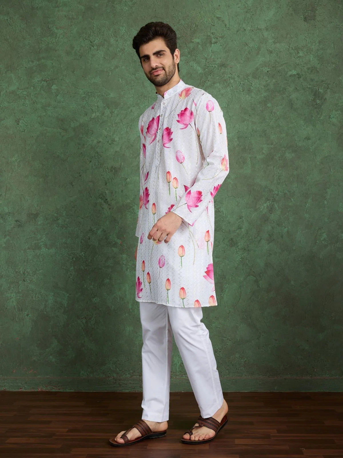 Odette White Rayon Printed and Embroidered Stitched Kurta For Men - Image 3