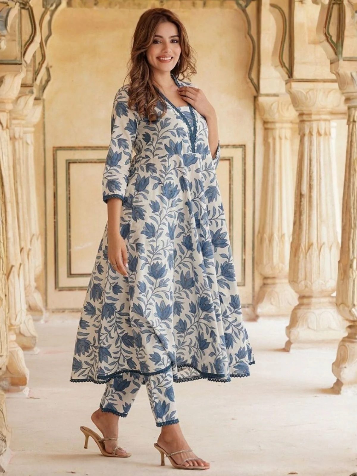 Odette White Rayon Printed Stitched Kurta Set For Women - Image 3