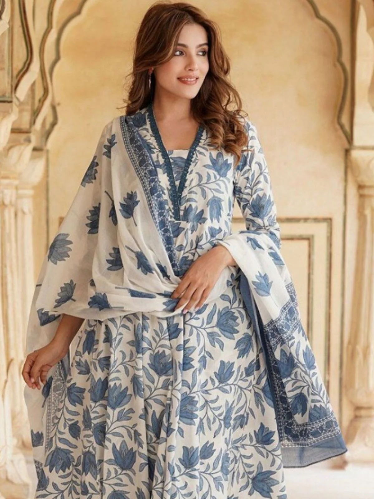 Odette White Rayon Printed Stitched Kurta Set For Women - Image 4