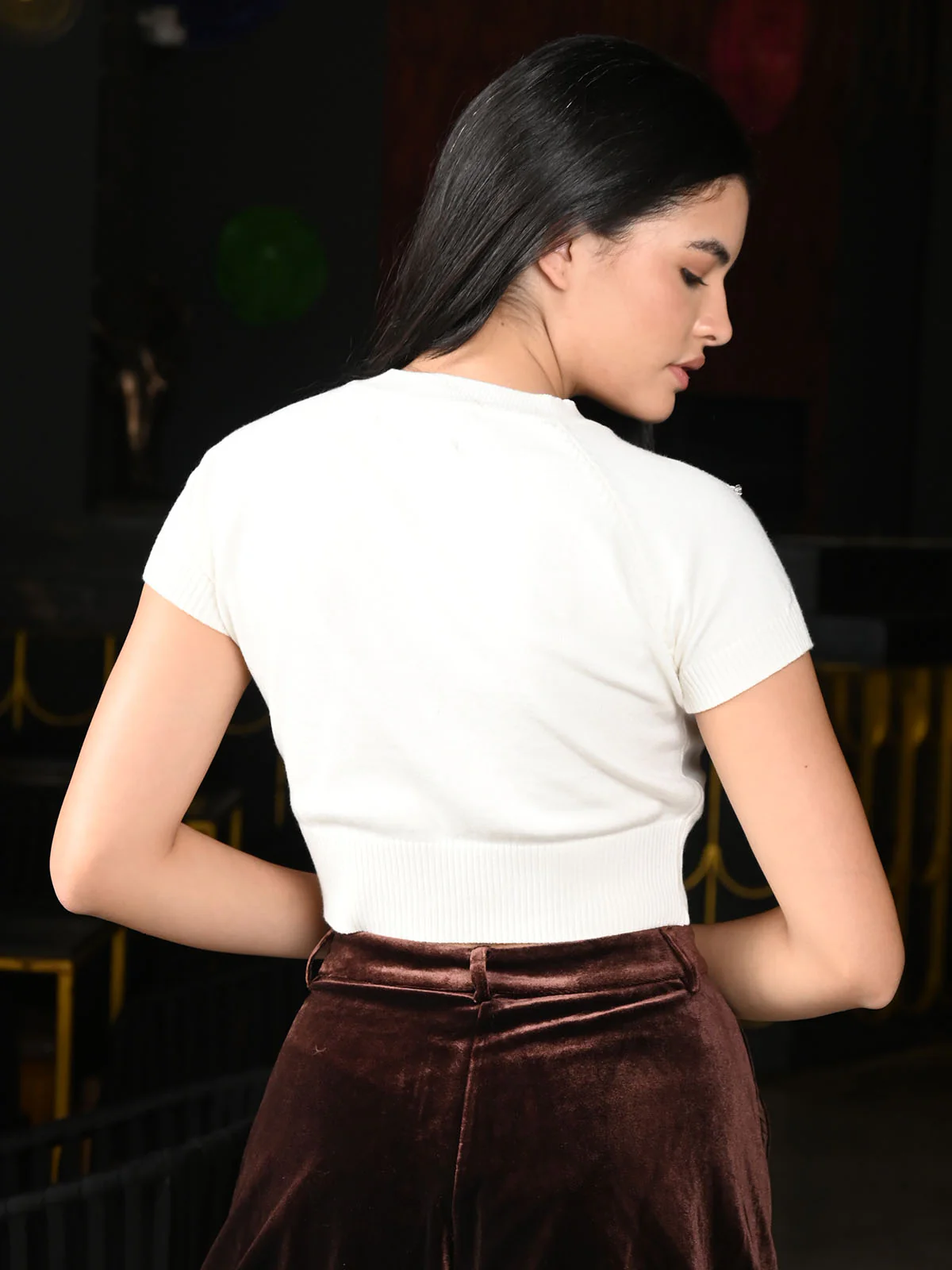 Odette White Ribbed Cotton Embellished Top For Women - Image 4